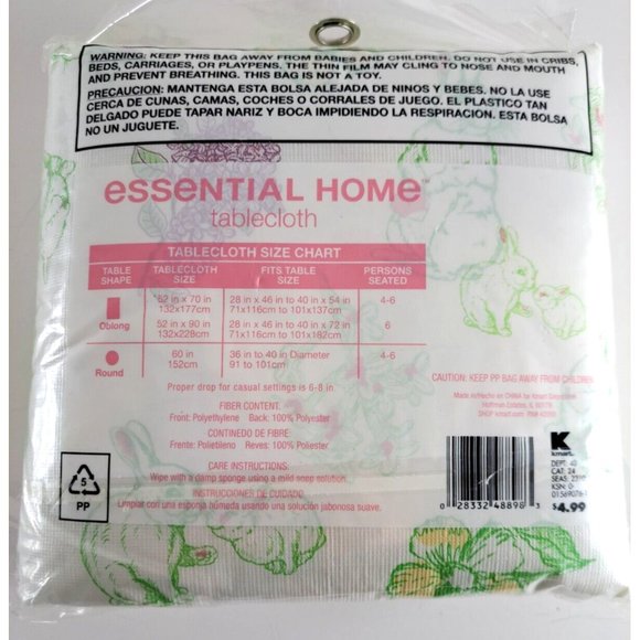 Round Easter Tablecloth NEW Vinyl Easy Clean White Bunny Flowers Spring 60" - Picture 3 of 4